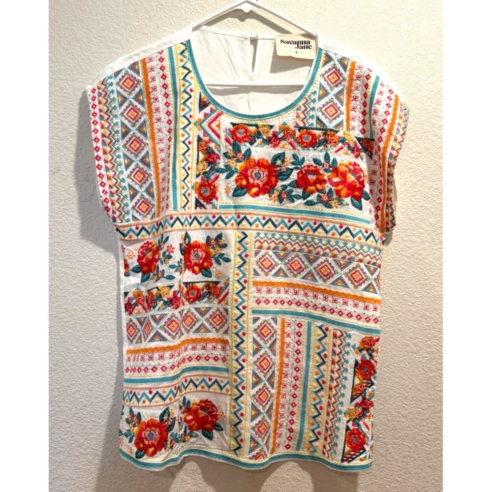 Savanna Jane White Multicolor Floral Embroidered Cap Sleeve Blouse Size S